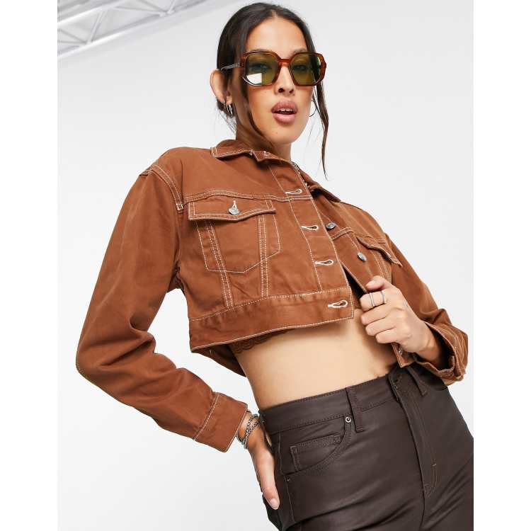 Cropped tan denim clearance jacket