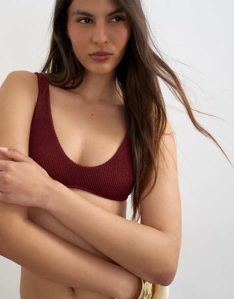 Topshop - Tara - Bikinitopje van kreukelstof met lage ronde hals in aubergine - view 1