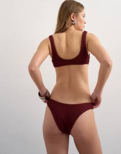 Model wearing Tara crinkle high leg cheeky bikini bottom in aubergine