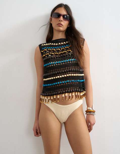 Topshop - Tara - Hoogopgesneden bikinibroekje van kreukelstof in gebroken wit - view 1