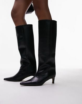 Topshop Tara Premium Leather Knee High Heeled Boots In Black
