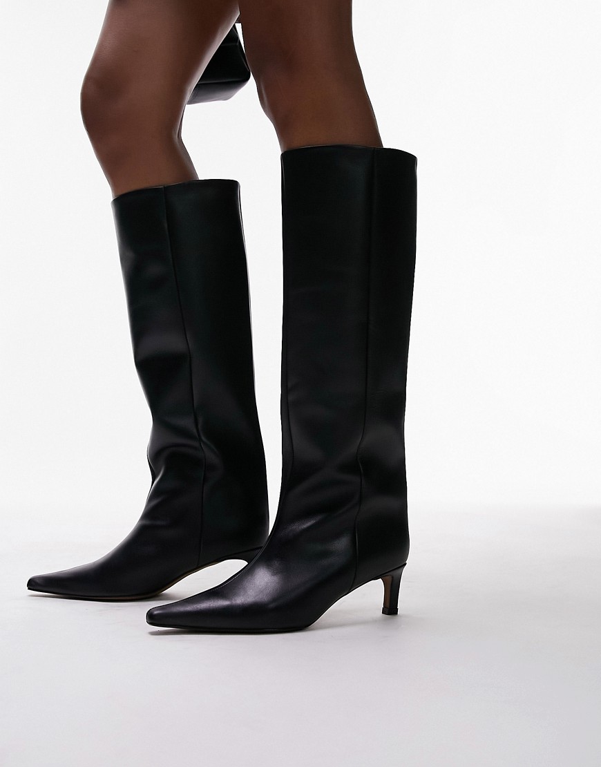 Topshop Tara premium leather knee high heeled boots in black