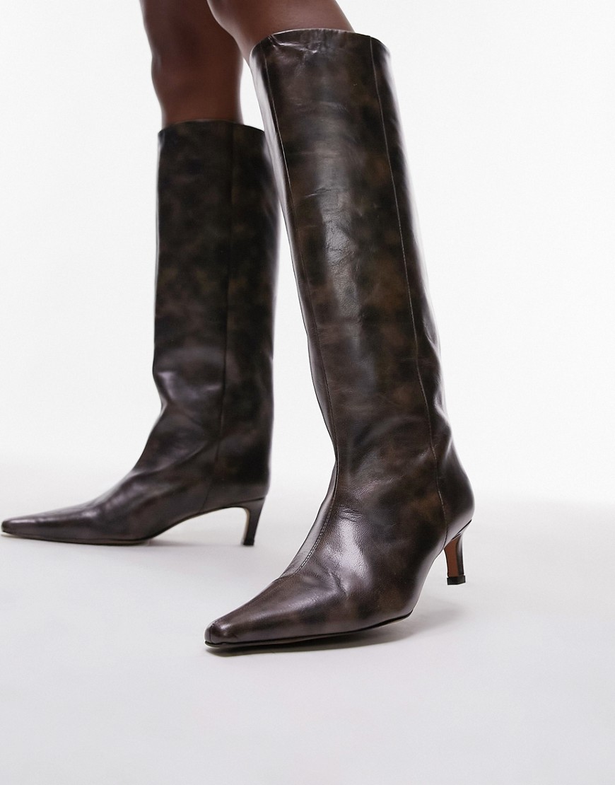 Topshop Tara Premium Leather Knee High Heeled Boots In Distressed Brown