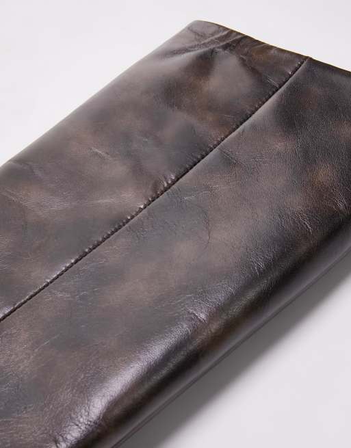 Topshop Tara premium leather knee high heeled boots in distressed brown, 2 of 4