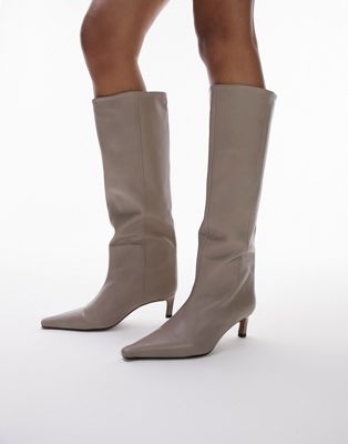 Topshop Tara premium leather mid heel pointed knee boot in mink