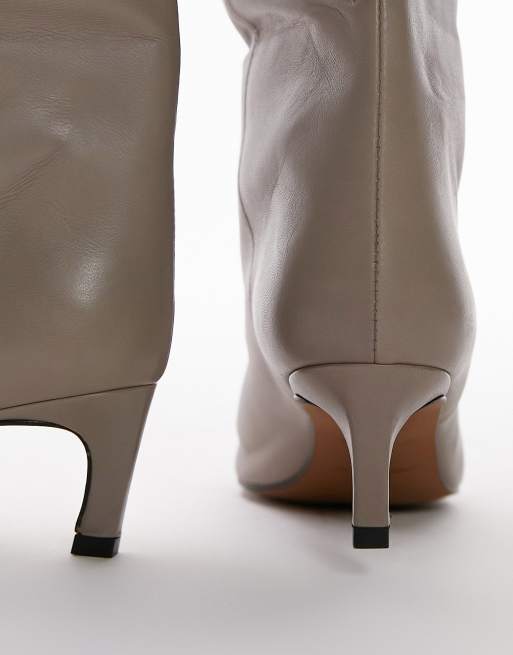 Topshop Tara premium leather mid heel pointed knee boot in mink ASOS