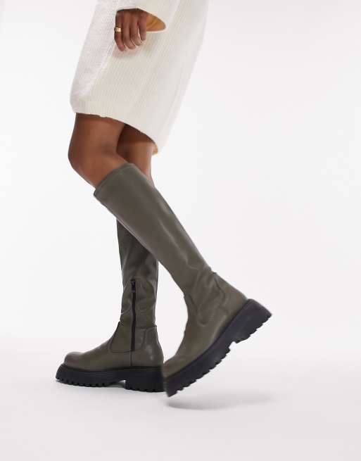Topshop – Tasha – Kakigröna grova under knähöga boots