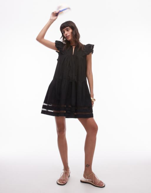 Topshop tassel detail broderie mini dress in black