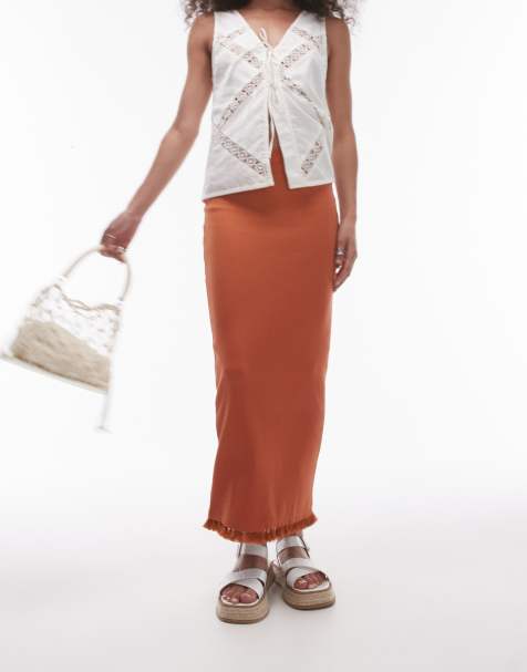 Topshop tassel hem midi skirt in rust - view 1