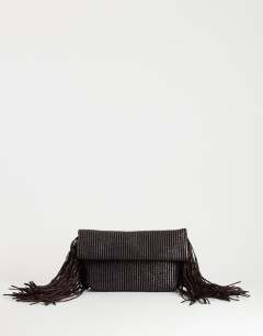 Tassel oversized weave clutch bag in chocolate