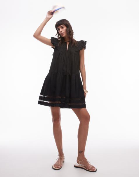 Topshop tassle detail broderie mini dress in black - view 1