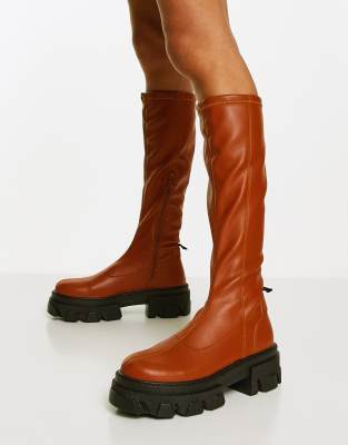 brown chunky knee high boots