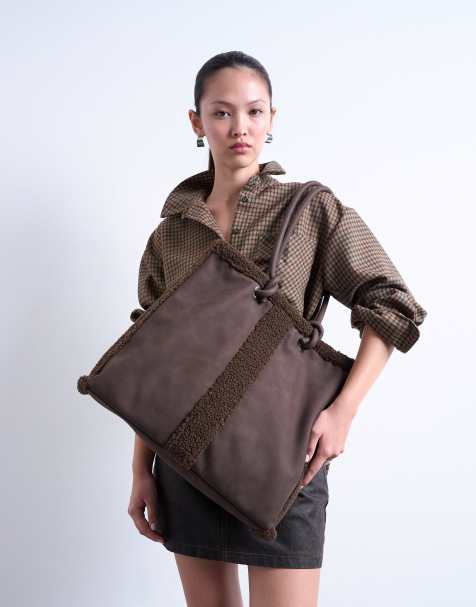 Topshop Tate shearling tote bag in chocolate - view 1
