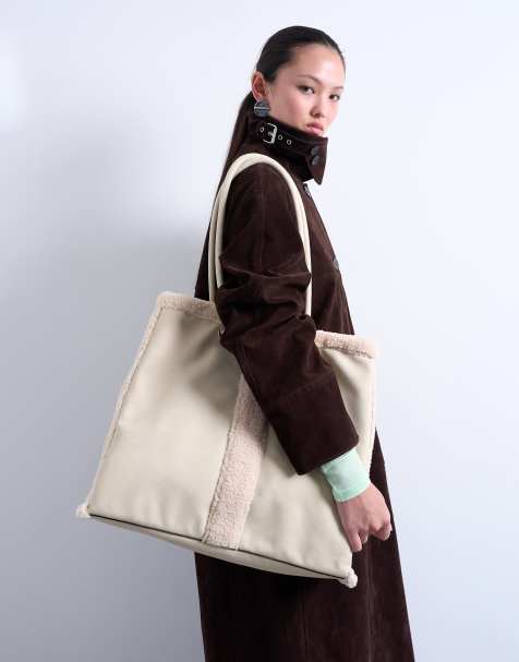 Topshop Tate shearling tote bag in off white - view 1
