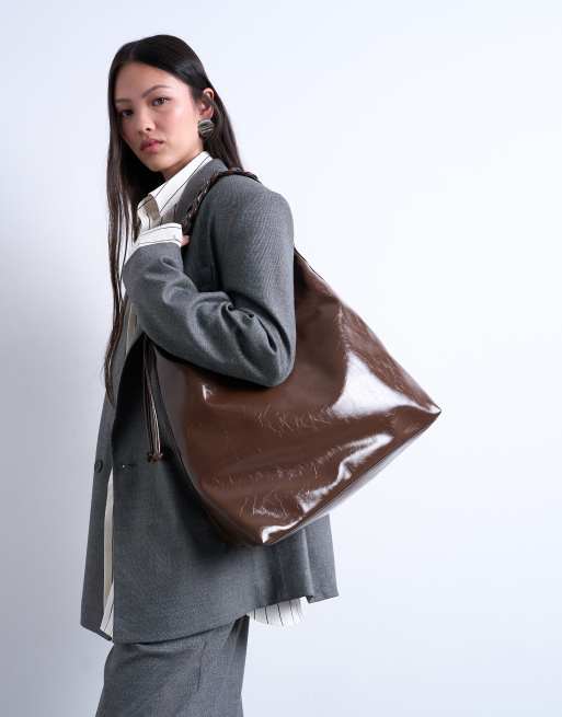 Topshop - Tatum - Borsa shopping color cioccolato con cuciture a sopraggitto