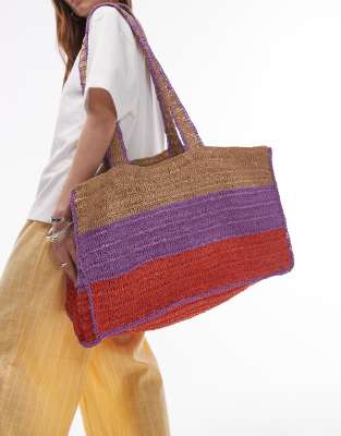 Topshop Tatum Straw Tote Bag In Red And Purple Stripe-multi