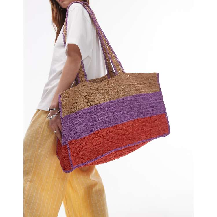 Topshop Tatum straw tote bag in red and purple stripe ASOS