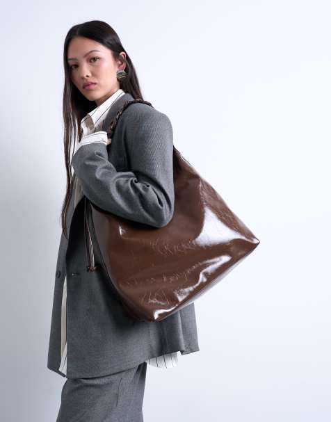 Topshop - Tatum - Tote tas met overhandse stiksels in chocoladebruin - view 1