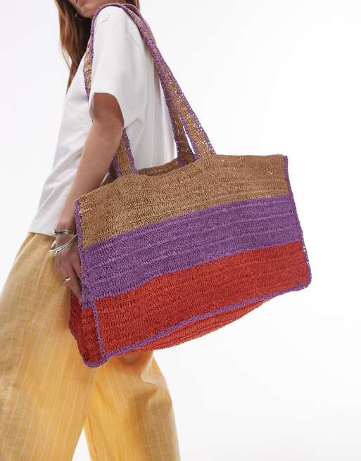 Topshop - Tatum - Tote tas van stro met rode en paarse strepen