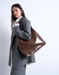 [Topshop] Topshop Tatum whipstitch tote bag in chocolate-Brown One Size Chocolate