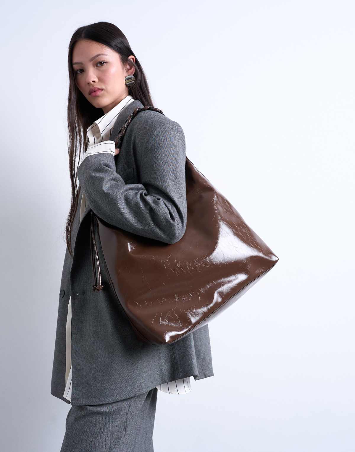 Topshop Tatum whipstitch tote bag in chocolate