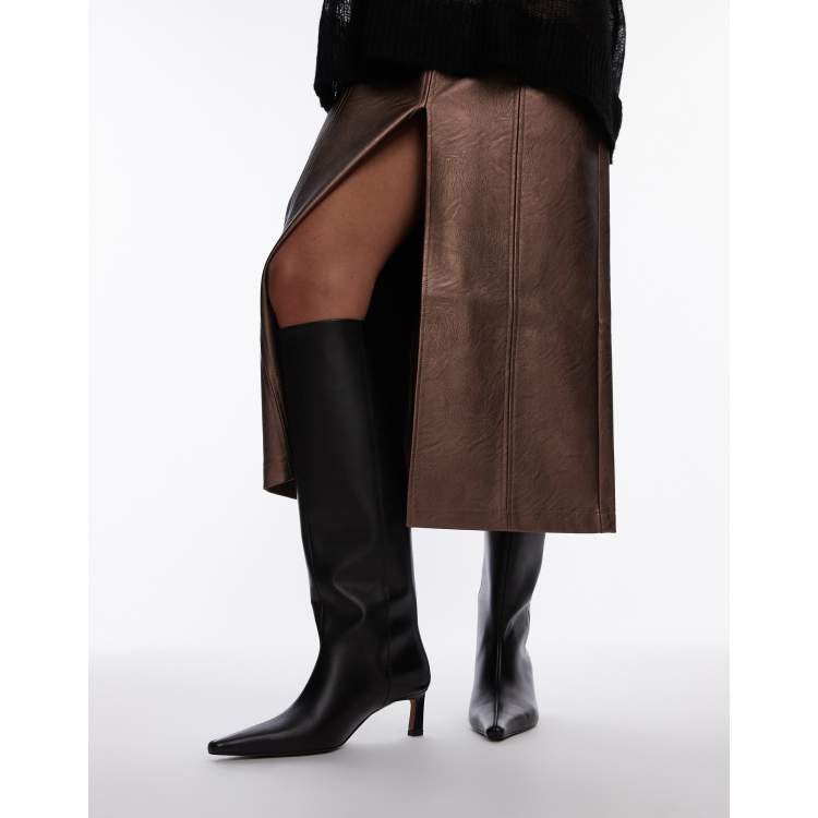 Topshop Taz Bottes hauteur genou en cuir de qualite superieure a talon Noir ASOS