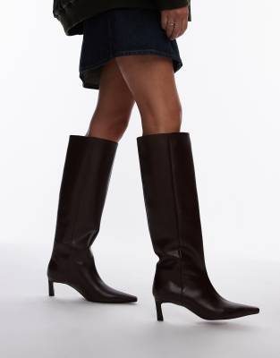 Taz premium leather knee high heeled boots in burgundy-Red