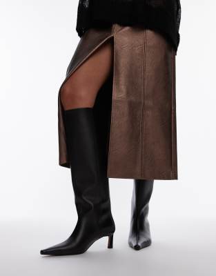 Taz premium real leather knee high heeled boots in black