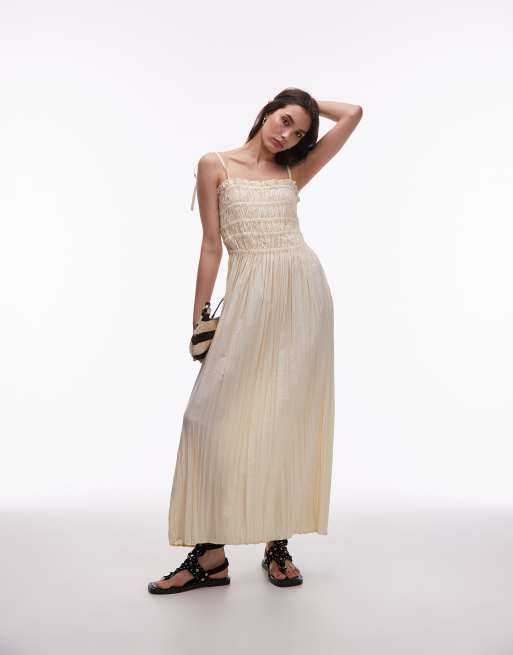 Topshop – Technical – Beige, krinklad midiklänning med rynkad byst