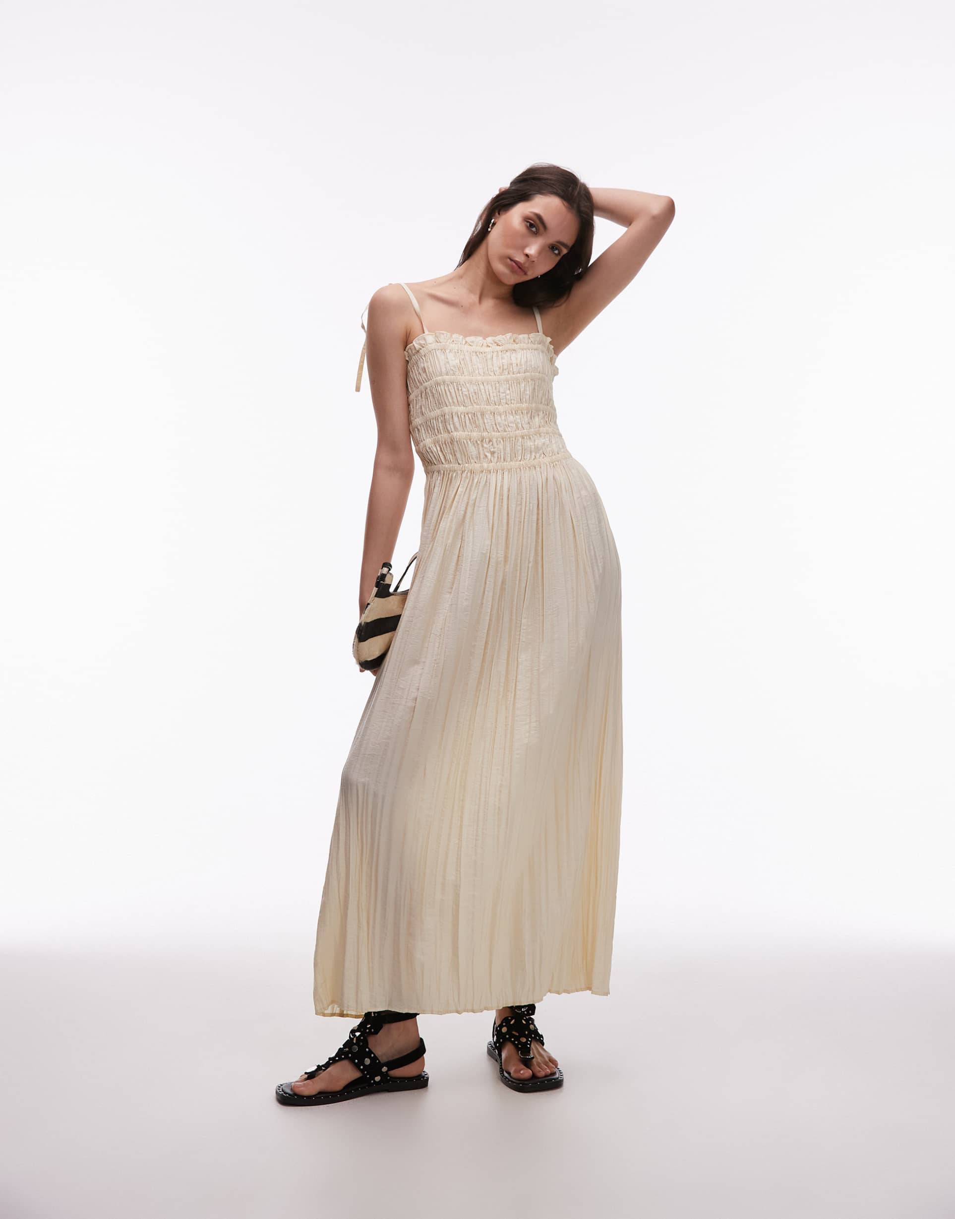 topshop technical crinkle ruched bust midi dress in natural