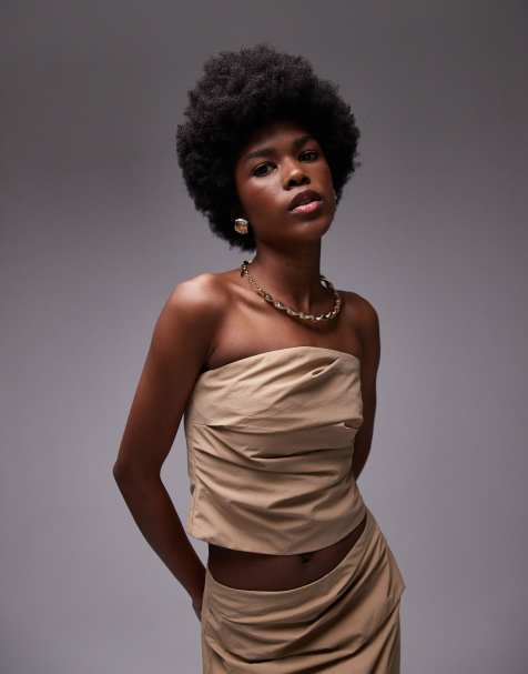 Topshop co-ord technical fabric ruched bandeau top in sand 