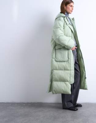 Topshop - Technische Longline-Pufferjacke in Salbeigrün