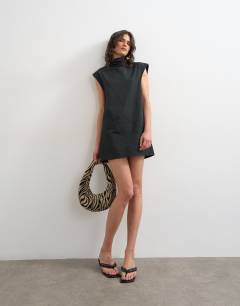 Model wearing Techy funnel neck mini shift dress in black
