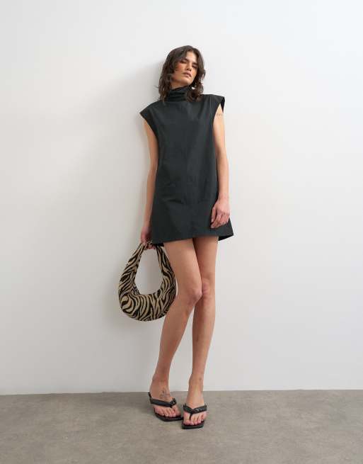 Topshop techy funnel neck mini shift dress in black, 2 of 4