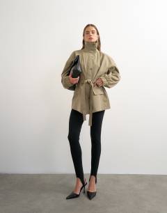 Techy tie waist funnel neck jacket in neutral