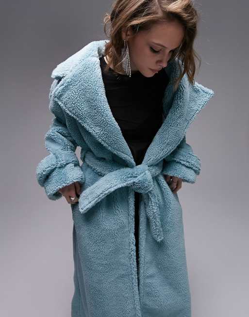 Blue teddy coat on sale topshop