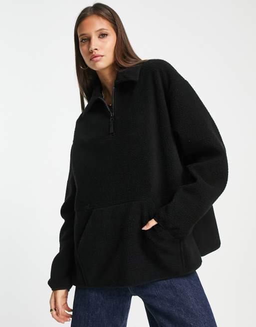 Topshop teddy borg zip collar sweat in black