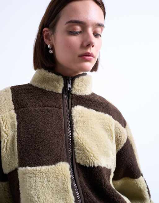 Topshop teddy checkerboard fleece jacket with quilted lining in brown and cream, 2 of 4