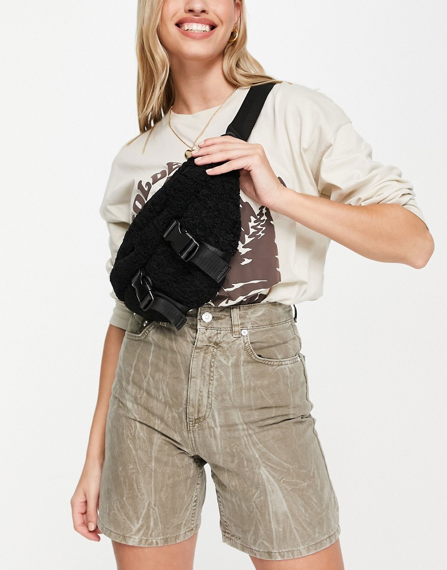 Topshop teddy double buckle sling fanny pack in black