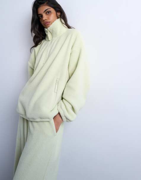 Topshop borg fleece funnel quarter zip co-ord in lime green