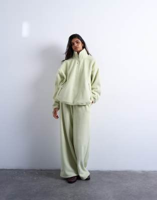 Topshop Teddy Fleece Funnel Quarter Zip Sweatshirt In Green