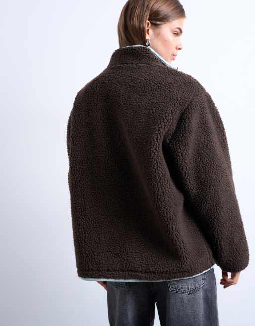 Topshop teddy fleece jacket with contrast piping in brown