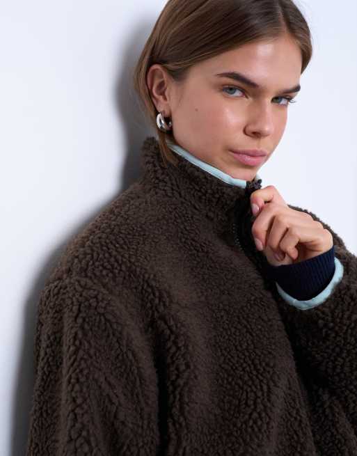Topshop teddy fleece jacket with contrast piping in brown