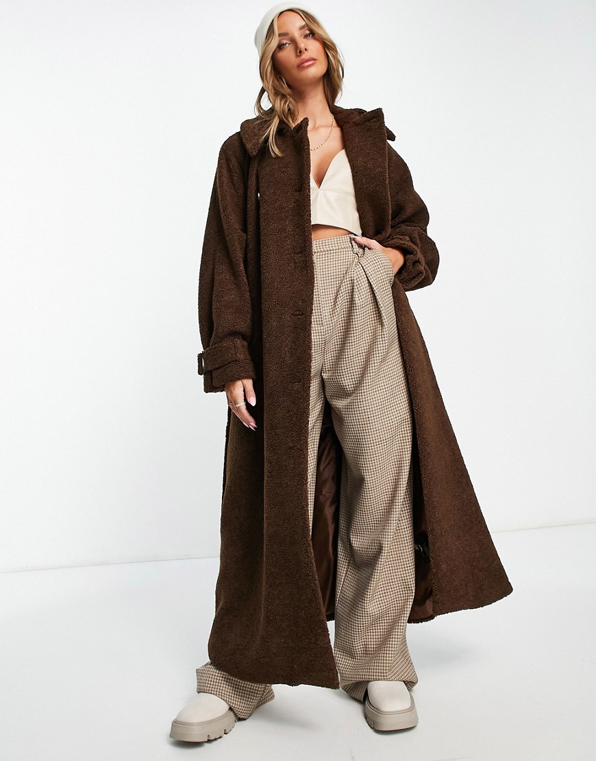 Topshop teddy trench coat in chocolate-Brown