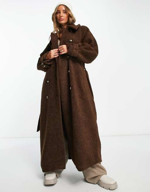 Topshop teddy trench coat in chocolate