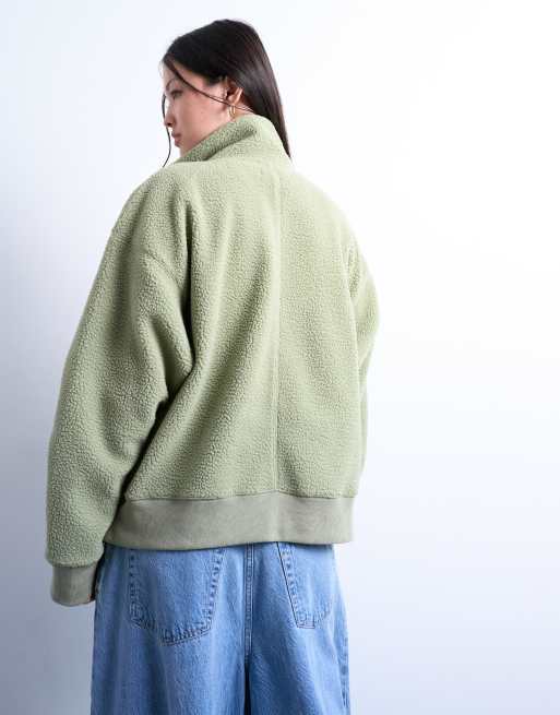 Topshop – Teddyfell-Jacke in Grün mit Stehkragen und Reißverschluss, 2 von 4