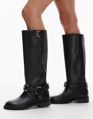 Topshop - Tee - Kniehohe Bikerstiefel aus hochwertigem Leder in Schwarz mit Absatz