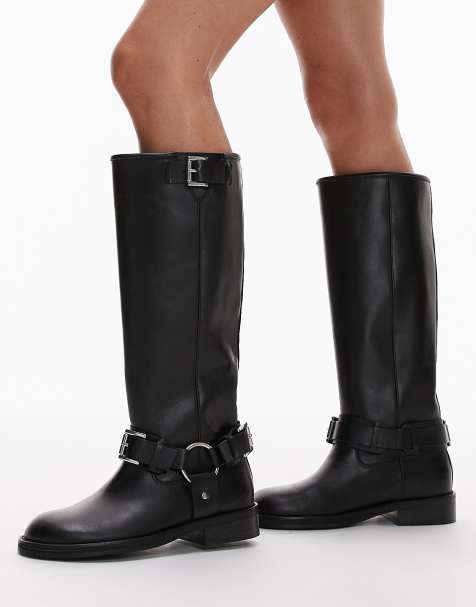 Topshop – Tee – Kniehohe Bikerstiefel aus hochwertigem Leder in Schwarz mit Absatz - view 1