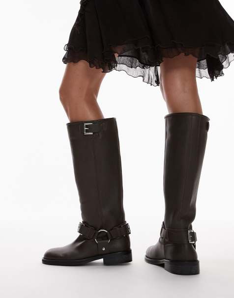 Topshop – Tee – Kniehohe Bikerstiefel aus hochwertigem Leder in verwaschenem Braun mit Absatz - view 1