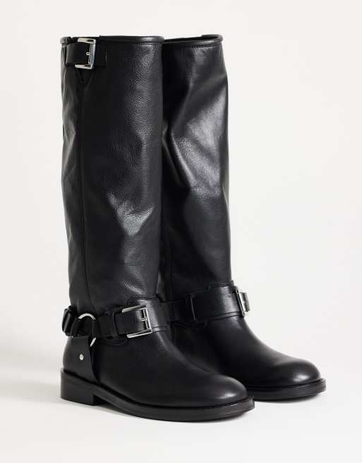 Topshop Tee kniehoher Reitstiefel aus Premium-Leder in Schwarz, 2 von 4